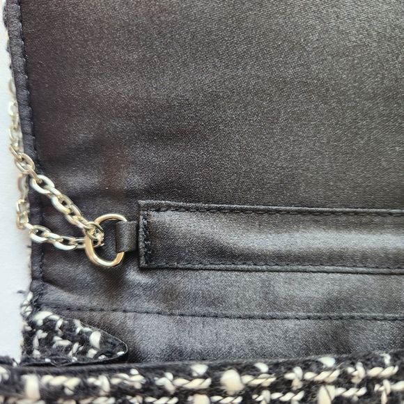 Cache Tweed Shoulder Bag Clutch Black White Silver Chain Sparkle Chic Elegant - Picture 10 of 16